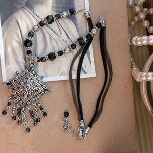 Vintage Art Deco Style Silver Marcasite & Jet Beaded Whimsigoth 90's Necklace